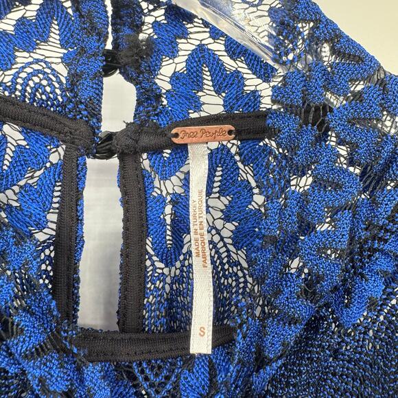 Free People NWT Simone Blue & Black Lace Long Flounce Sleeve Mini Dress - Picture 15 of 16